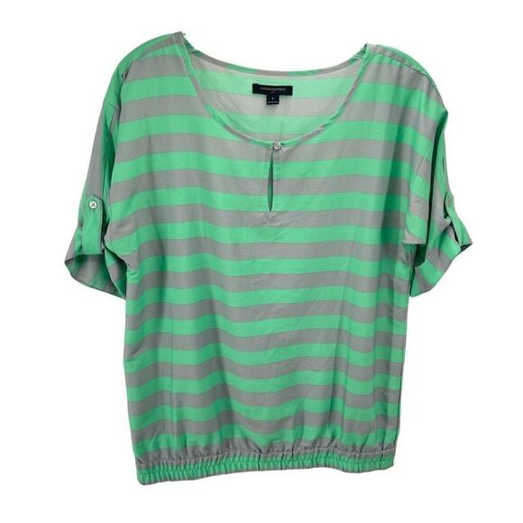 Banana Republic Womens Blouse Top Striped Roll Tab Sleeve Small Green Gray - Picture 11 of 13